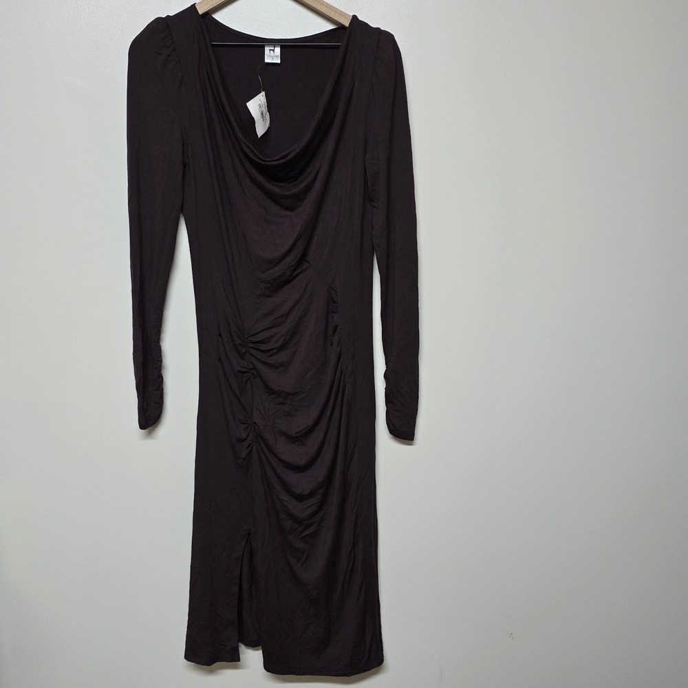 Peruvian Connection D'Orsay Dress Small Brown Long‎ Sleeve Ruched Cowl Neck Midi